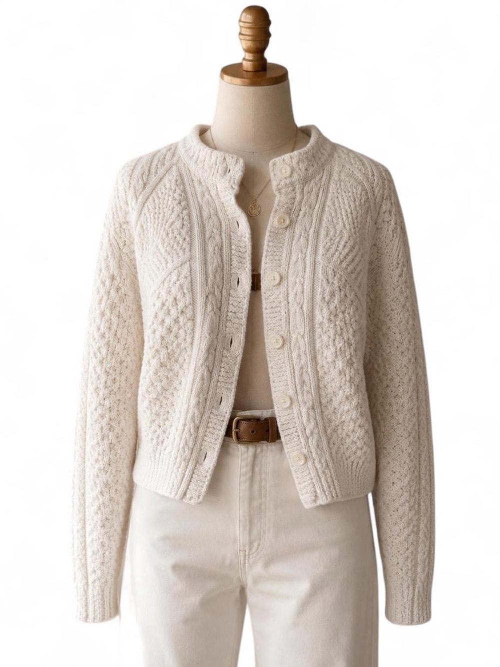 L.L. Bean Cream Cable Knit Button-Front Sweater Cardigan